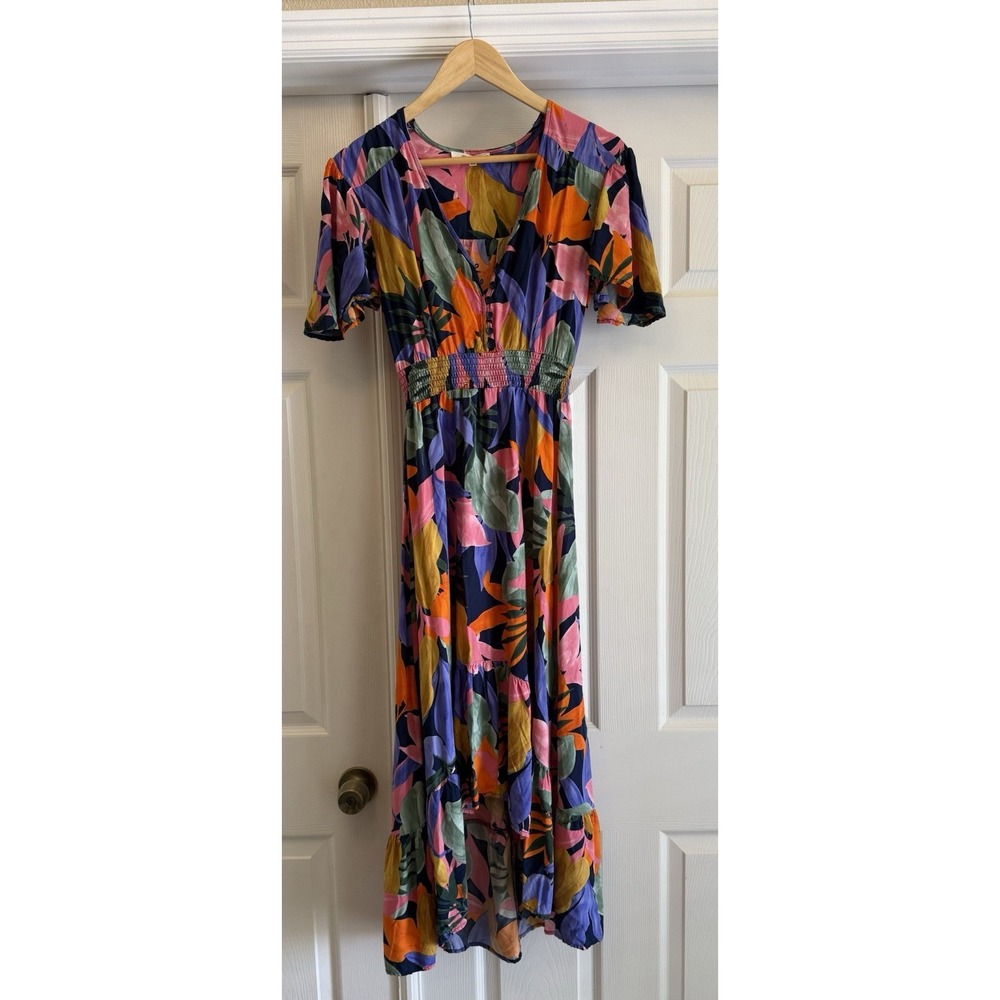 Abel The Label Maxi Dress Womens XS Multicolor Tropical High-Low Smocked Waist